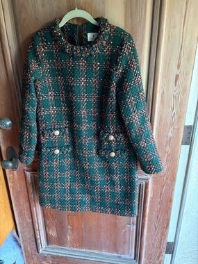Tuckernuck Textured Tweed Dress in Deep Green and Coral